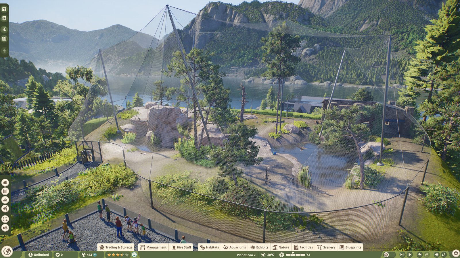 Khu nuôi chim trong Planet Zoo 2 có cột đỡ và lưới bao phía trên