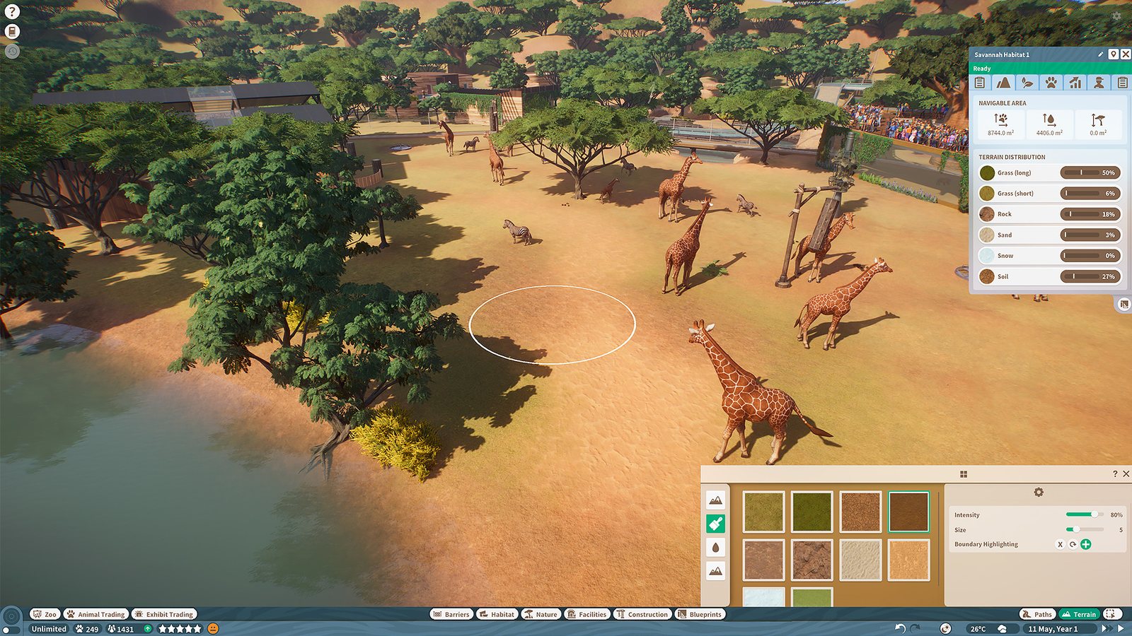 Khu savan với hươu cao cổ và bảng chỉnh địa hình trong Planet Zoo