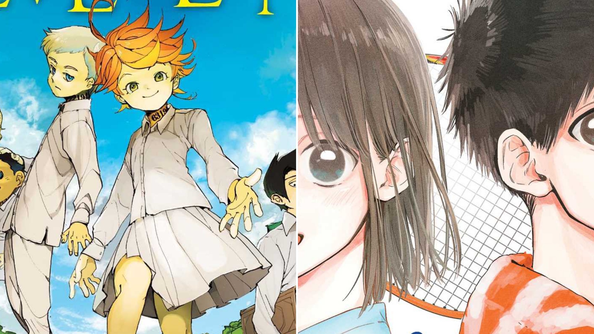 Split image: The Promised Neverland cover with Emma and Norman on the left, Ao no Hako cover with the two leads on the right