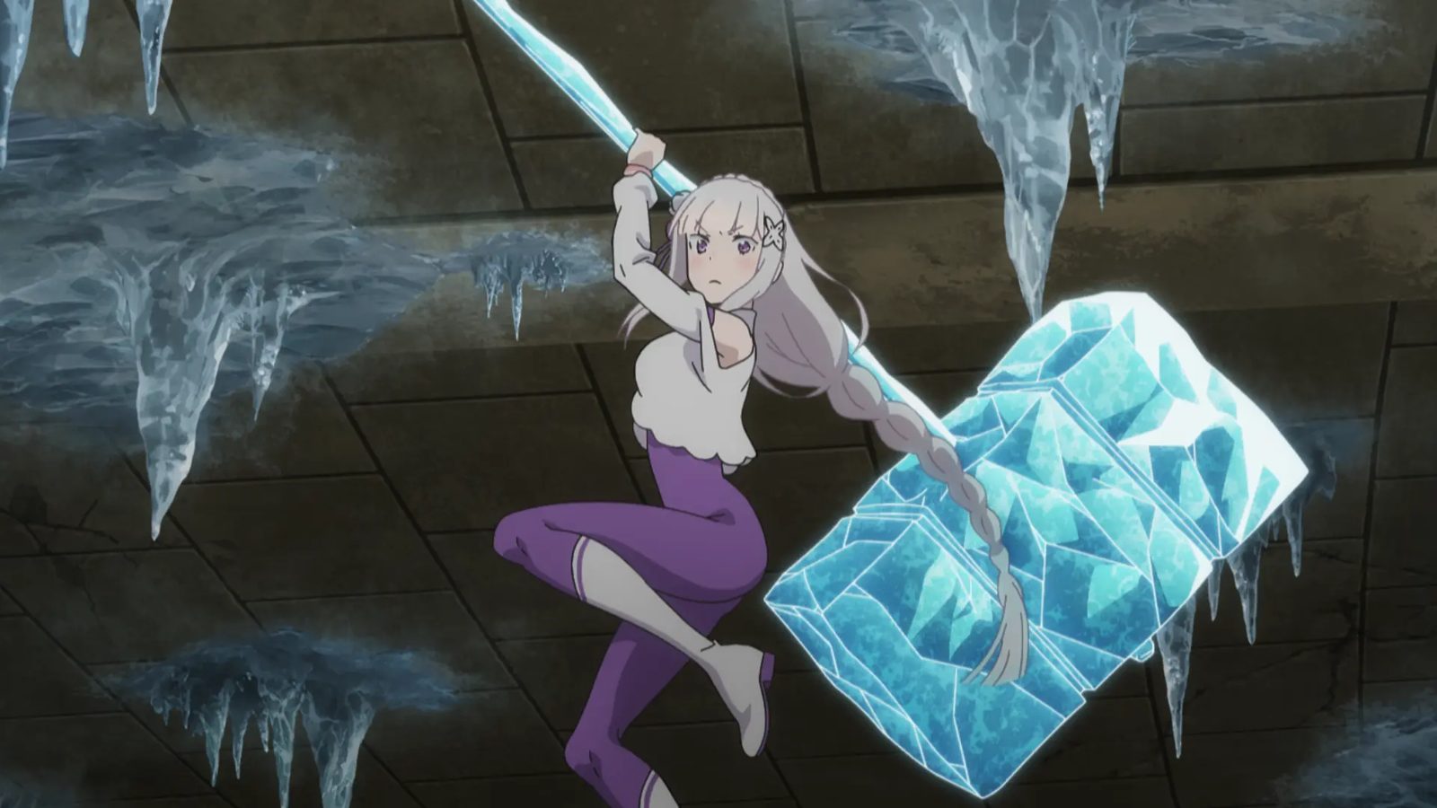 Emilia swinging a huge ice hammer in a corridor hung with icicles in the Pleiades Watchtower, Re:Zero Season 4