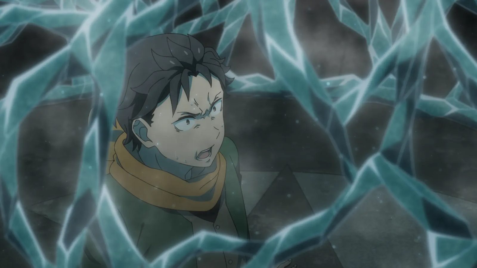 Subaru trapped inside a cracked ice cage in the Pleiades Watchtower in Re:Zero Season 4