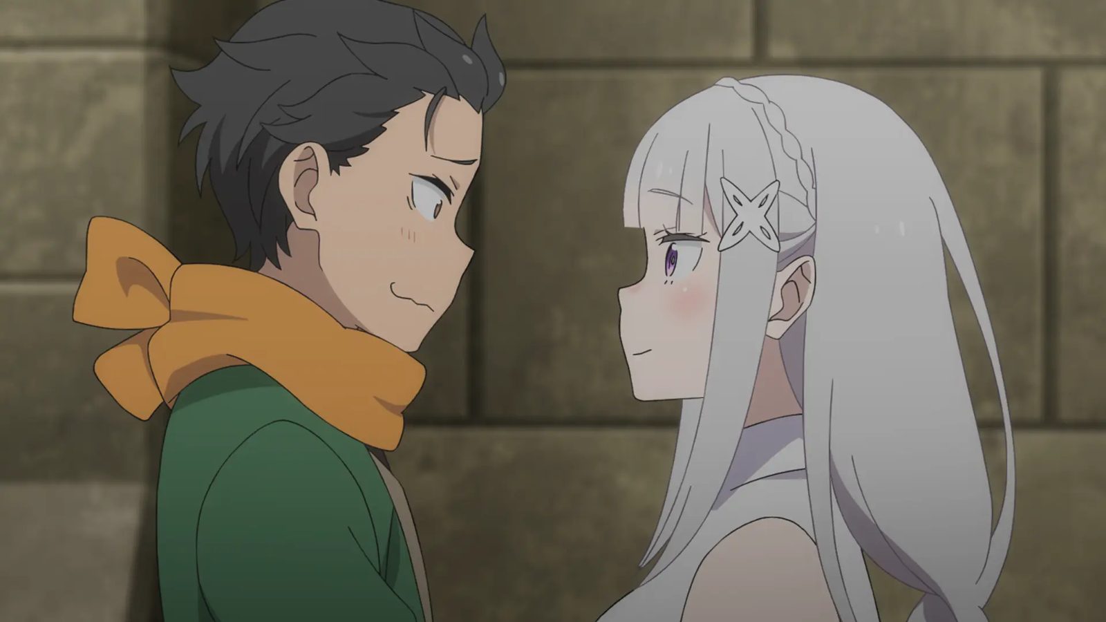 Subaru and Emilia facing each other in a stone corridor of the Pleiades Watchtower, Re:Zero Season 4