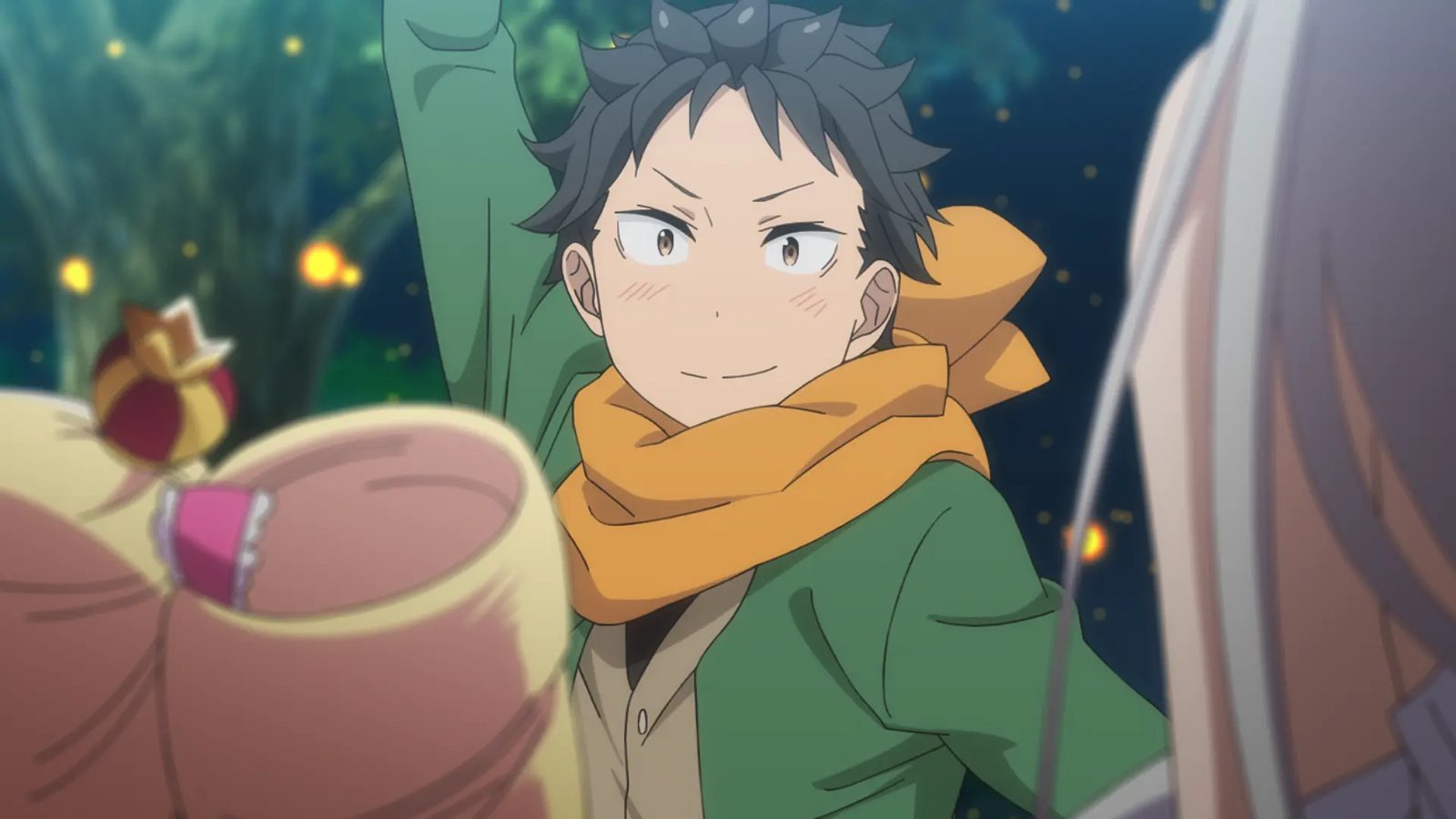 Subaru Natsuki in a green jacket and orange scarf raising his arm in a night scene with fireflies in Re:Zero Season 4