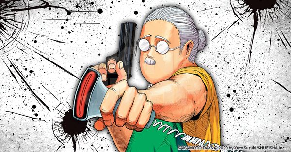 Taro Sakamoto trong tạp dề xanh chĩa súng ra phía trước trong tranh quảng bá manga Sakamoto Days
