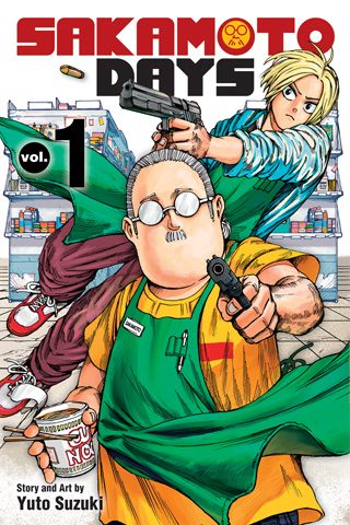 Bìa tập 1 manga Sakamoto Days bản VIZ Media với Sakamoto và Shin cầm súng