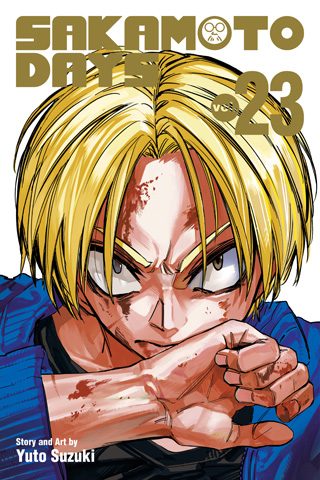 Bìa tập 23 manga Sakamoto Days bản VIZ Media với gương mặt dính máu của Shin