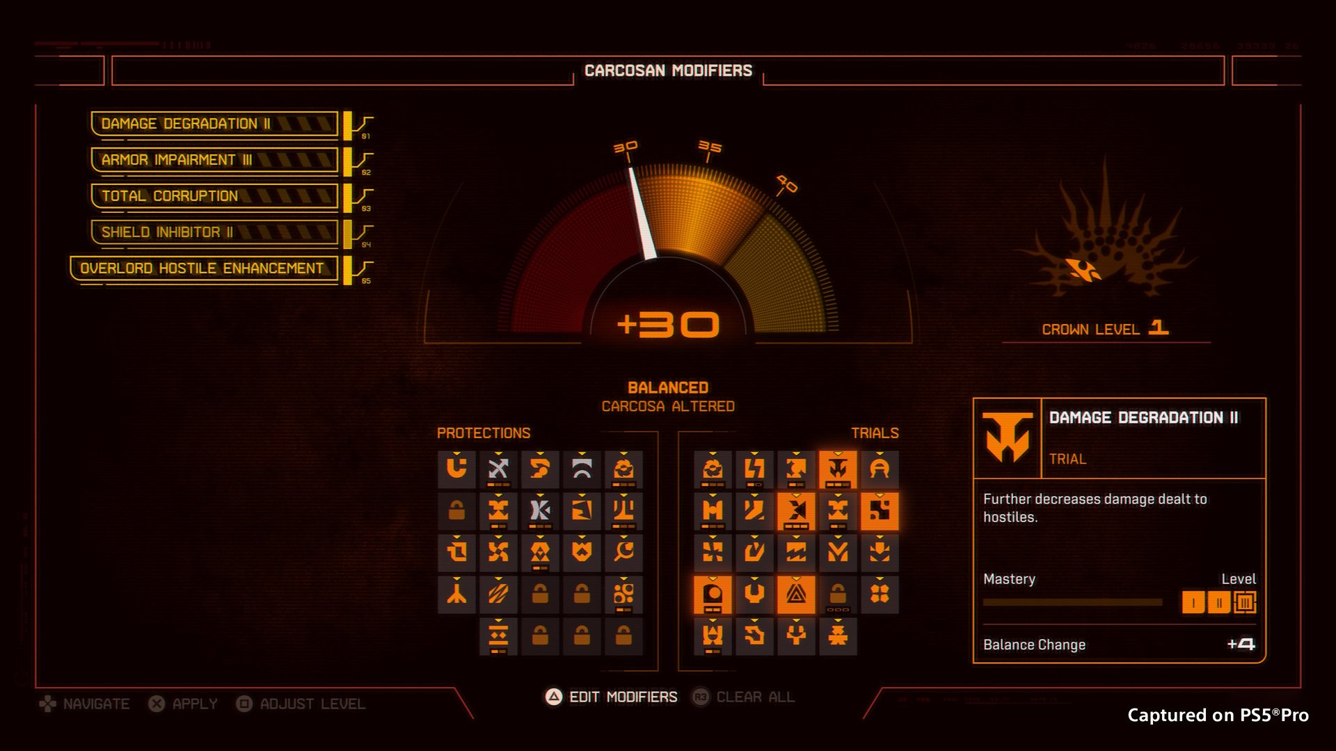 The Carcosan Modifier selection screen in Saros, with a +30 gauge and orange modifier tiles