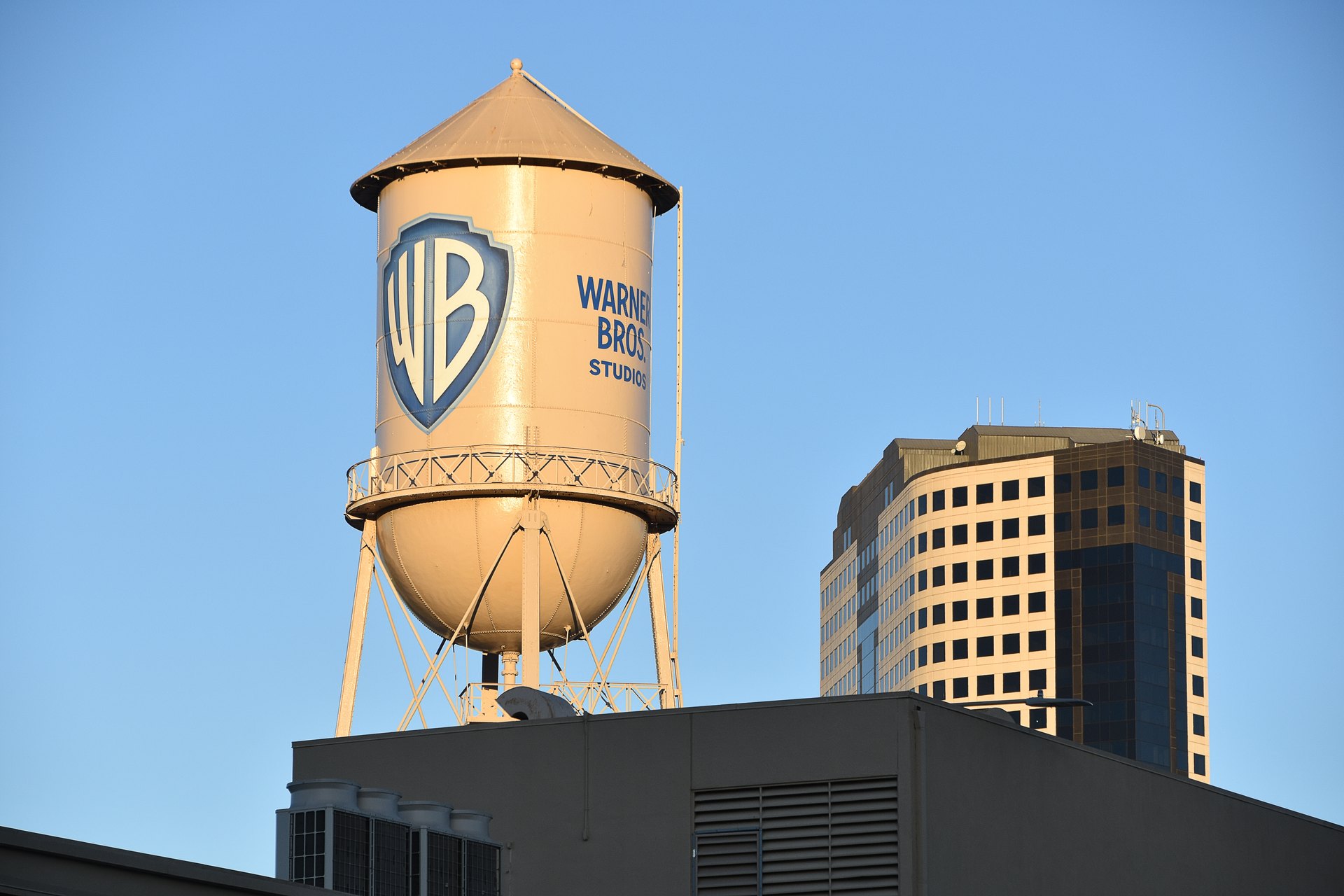 The Warner Bros. Studios water tower in Burbank with the WB shield logo