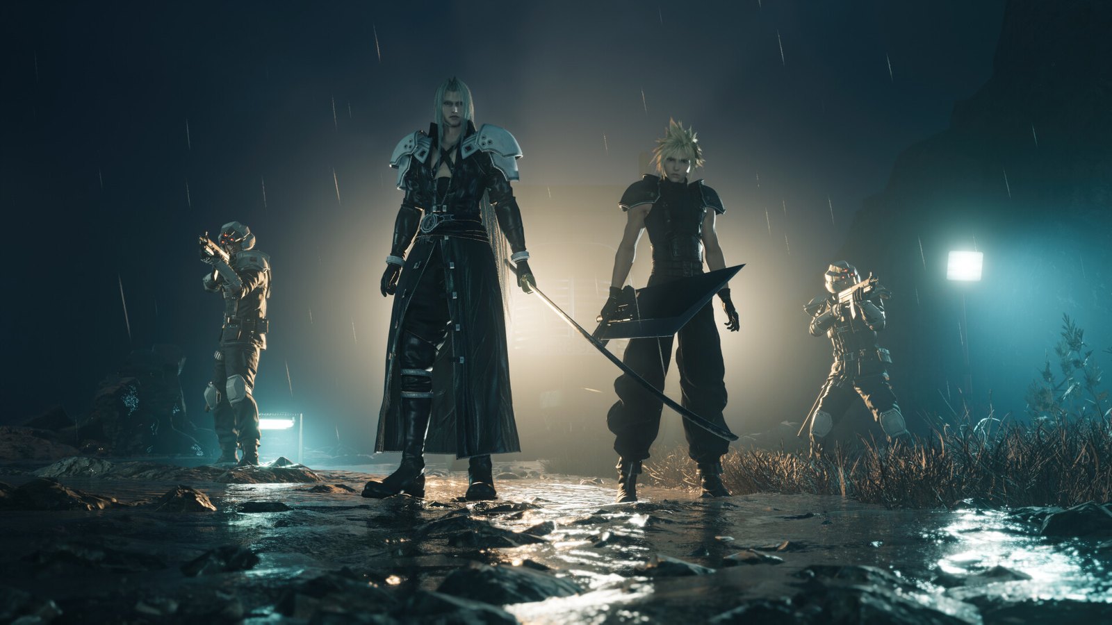 Cloud and Sephiroth standing side by side on a rainy night in Final Fantasy VII Rebirth