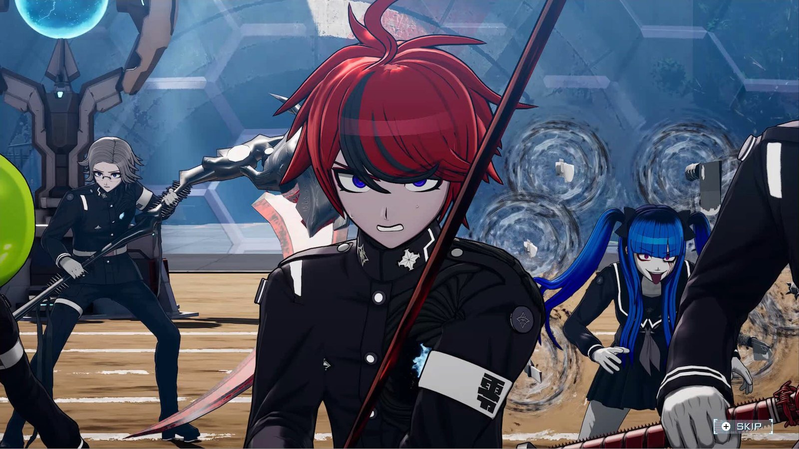 A red-and-black-haired character in a black uniform in The Hundred Line: Last Defense Academy