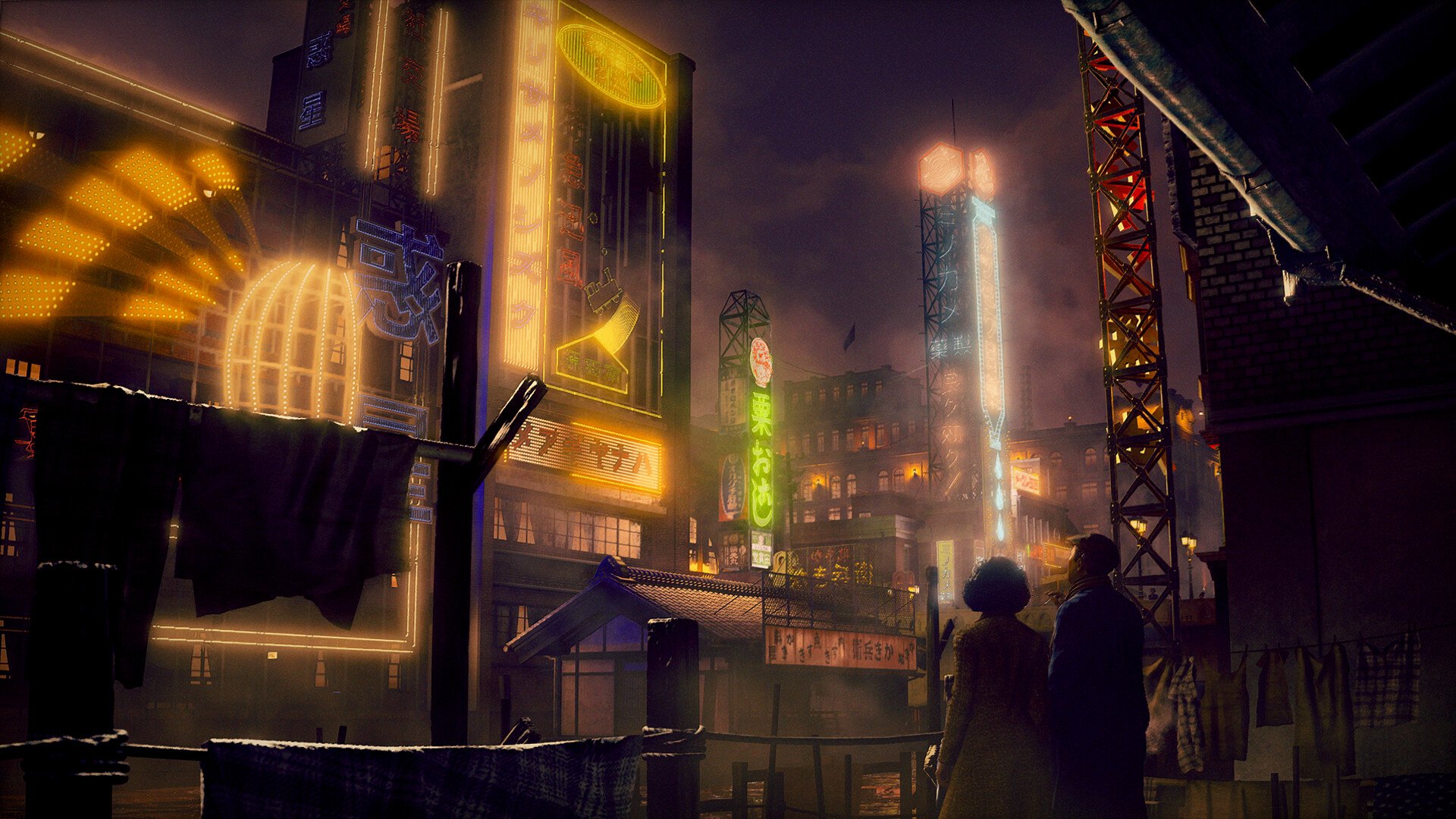 A night district in Stranger Than Heaven, with yellow and green neon signs on tall buildings