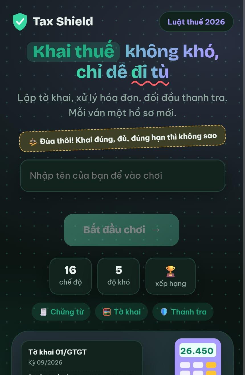 Giao diện Tax Shield trên điện thoại với nút Bắt đầu chơi và các mục Chứng từ, Tờ khai, Thanh tra