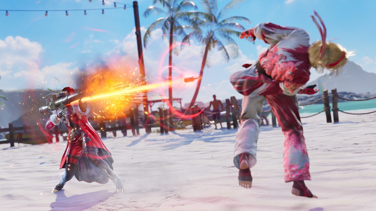Anna Williams bắn tên lửa vào đối thủ trên sàn đấu bãi biển trong Tekken 8 Season 2