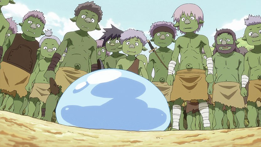 Rimuru dạng slime đứng trước các goblin trong tập 3 Chuyển Sinh Thành Slime