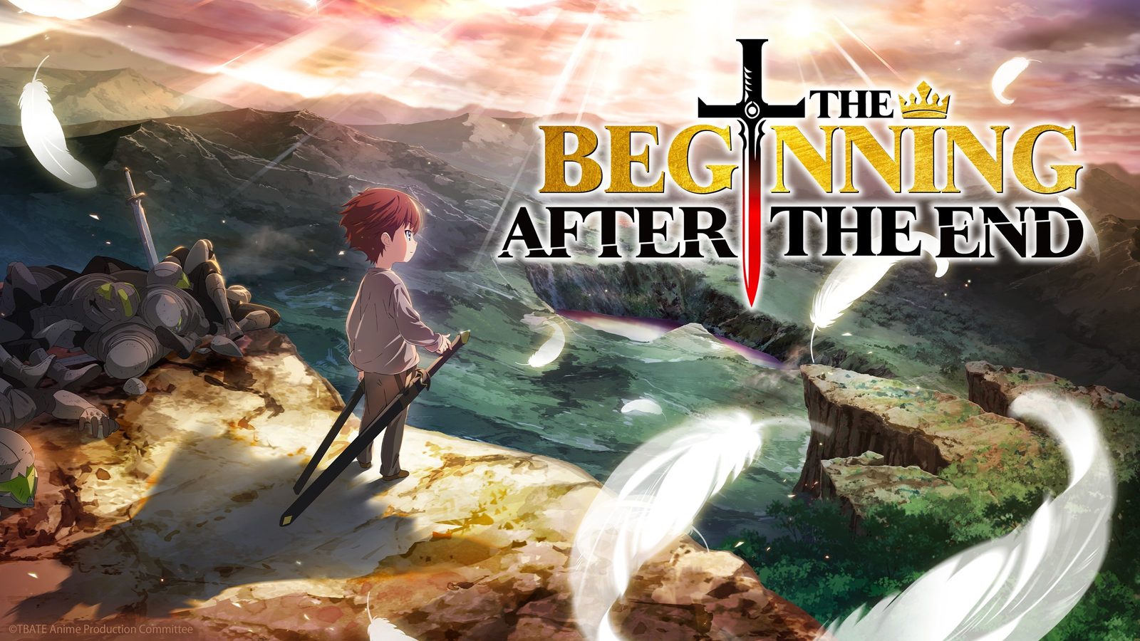 Hình ảnh chính của anime The Beginning After the End: cậu bé cầm kiếm đứng trên vách đá nhìn xuống thung lũng