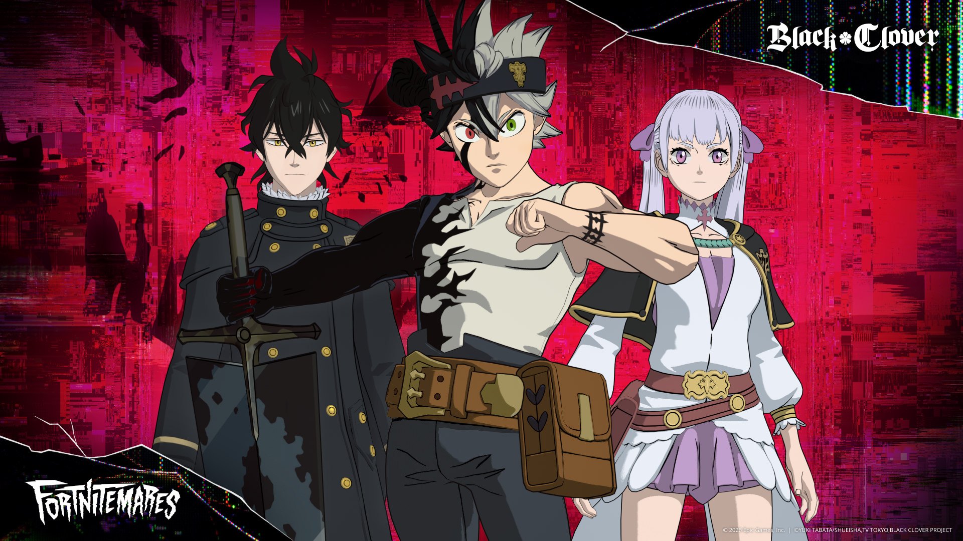 Yuno, Asta and Noelle skins in Fortnite against a red Fortnitemares background