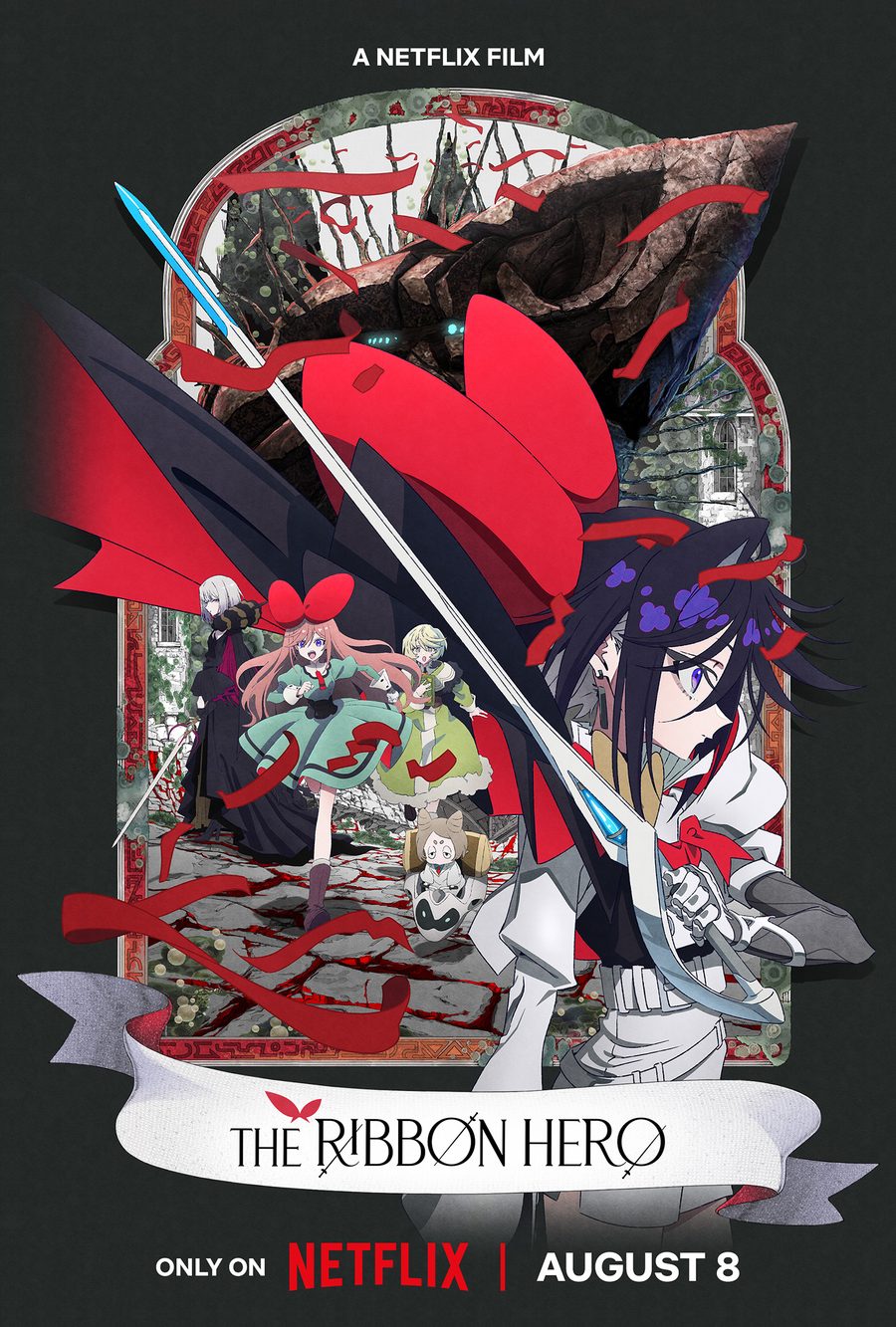 Poster The Ribbon Hero: nhân vật chính cầm kiếm giữa những dải ruy băng đỏ, phía sau là các nhân vật khác và bóng một con quái vật khổng lồ