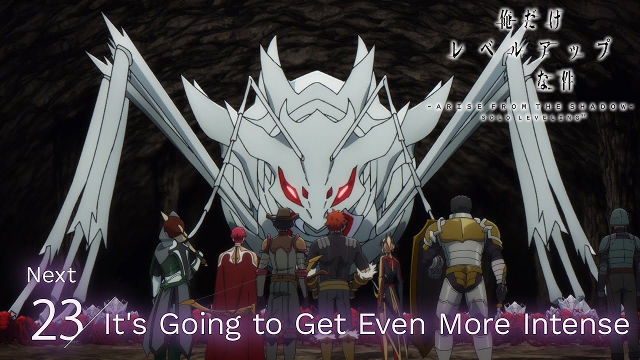 A group of hunters facing a giant white insect-like monster in a cave, from the episode 23 preview of Solo Leveling Season 2