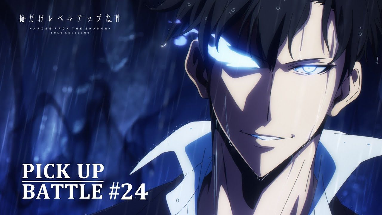 Jin-woo smirking with glowing blue eyes in the rain, from the Solo Leveling Season 2 preview