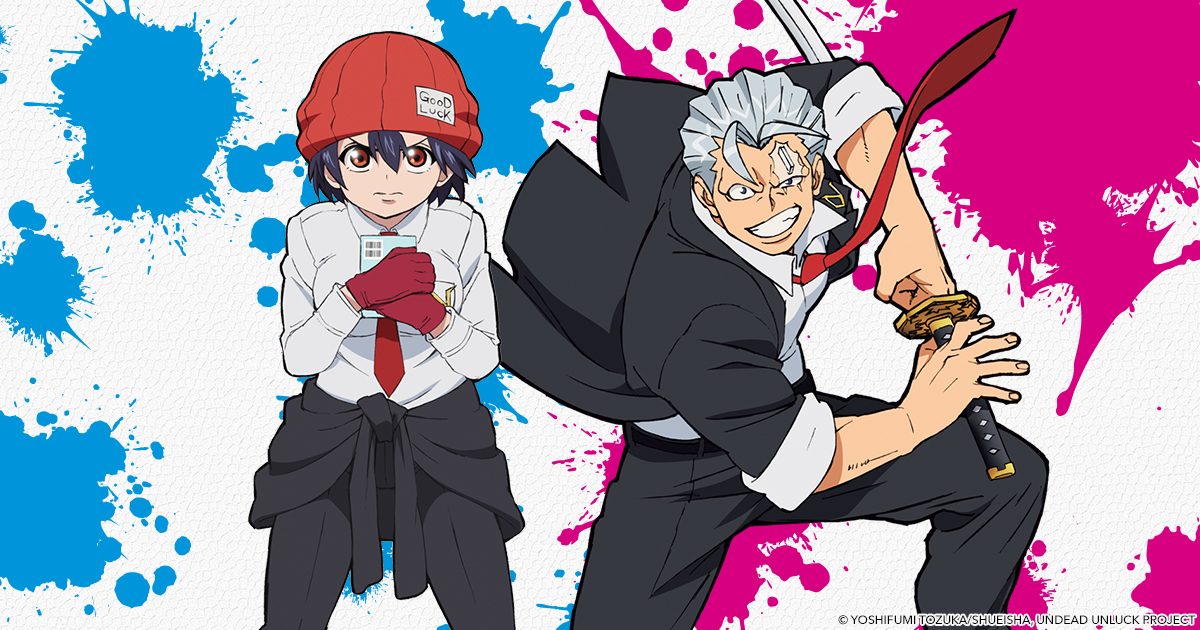 Hình quảng bá anime Undead Unluck với Fuuko đội mũ len đỏ và Andy cầm kiếm trên nền mảng màu xanh hồng