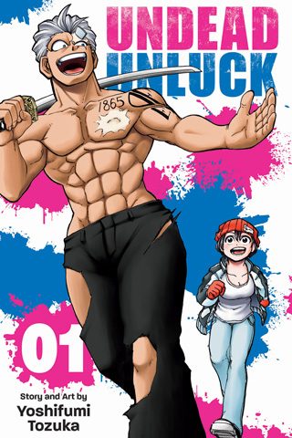 Bìa tập 1 manga Undead Unluck bản VIZ với Andy cầm kiếm và Fuuko đội mũ len đỏ