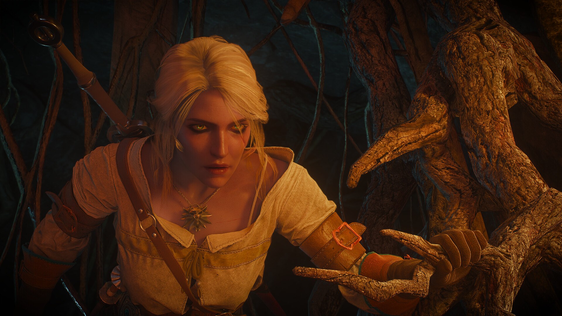 White-haired Ciri in a light tunic reaching forward in a dark forest in The Witcher 3