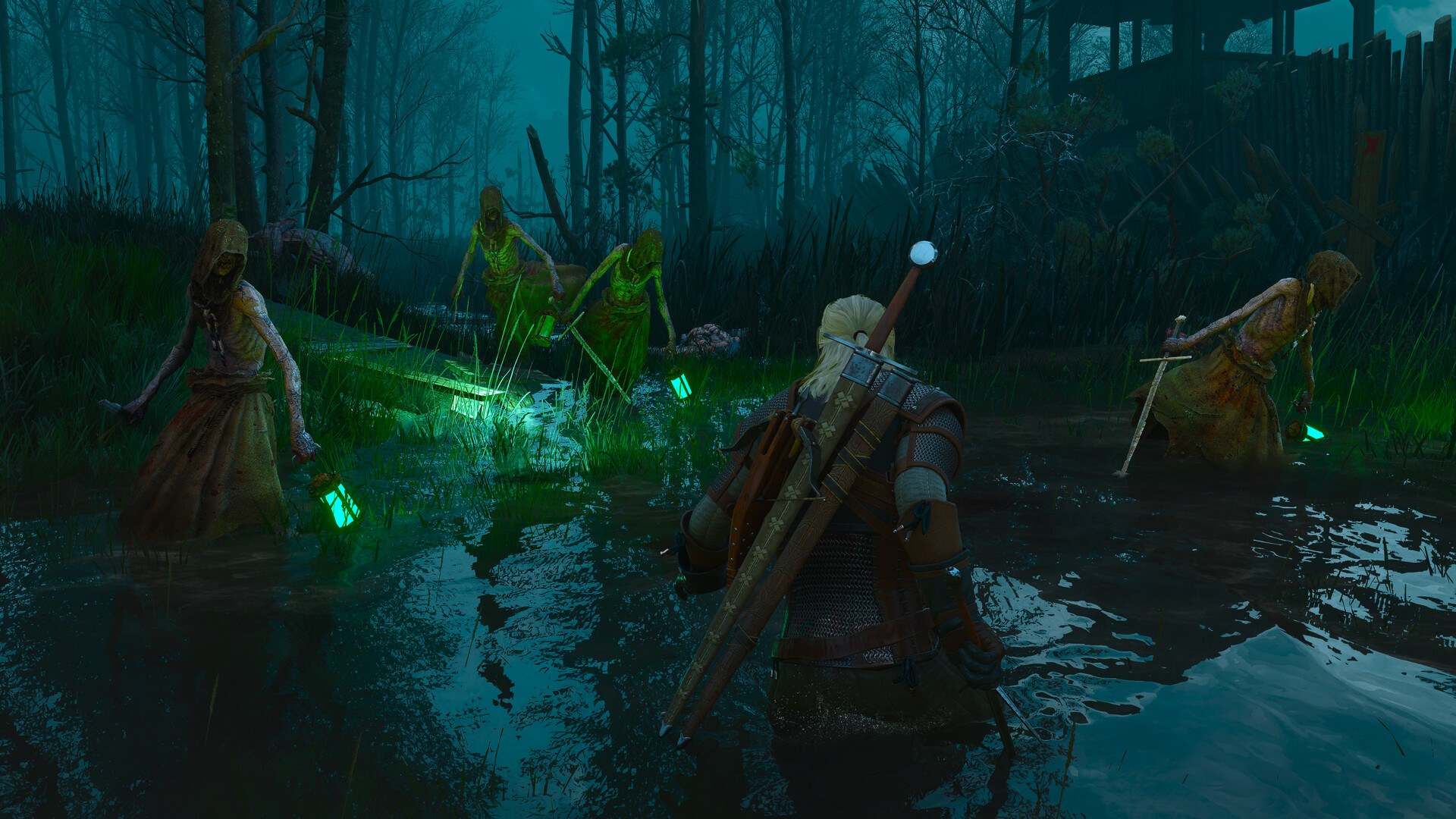 Geralt wading through a dark swamp surrounded by glowing green ghostly figures