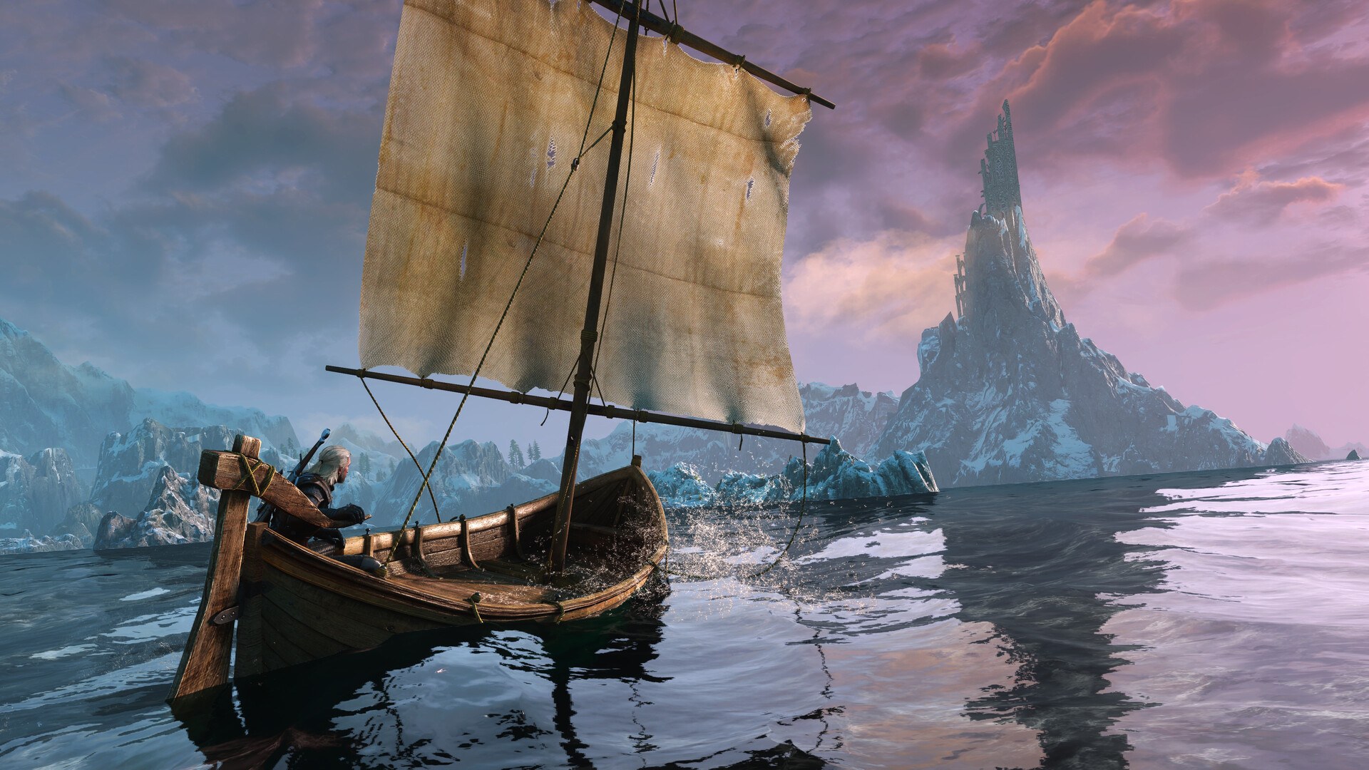 Geralt sailing a small boat on cold water with a tall rocky peak in the distance