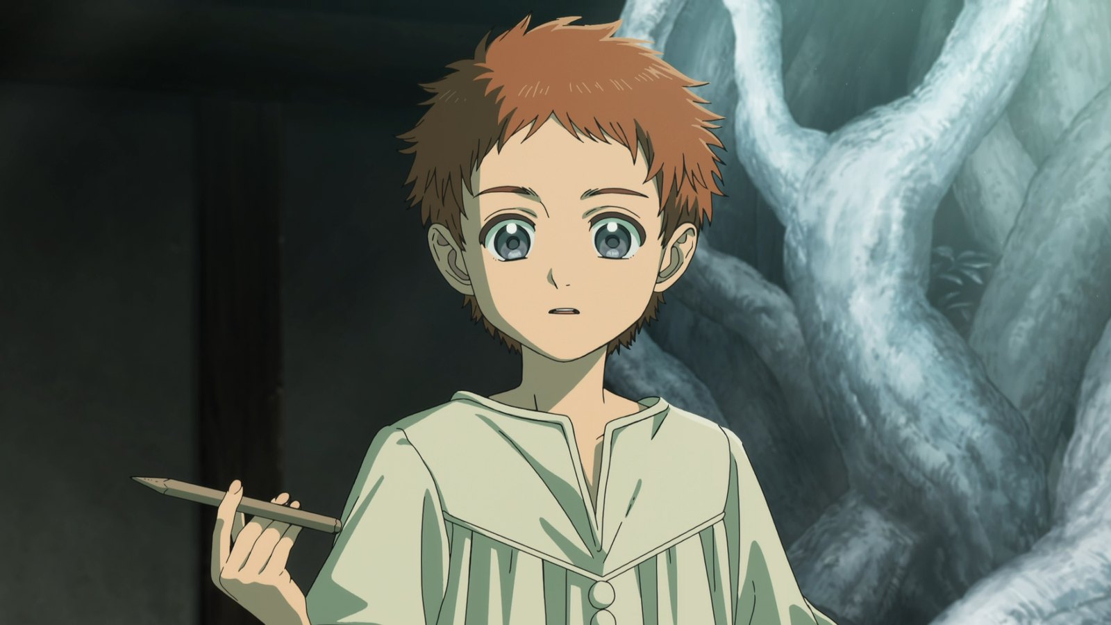 A still from the Witch Hat Atelier anime: a boy holding a pen beside a pale tree