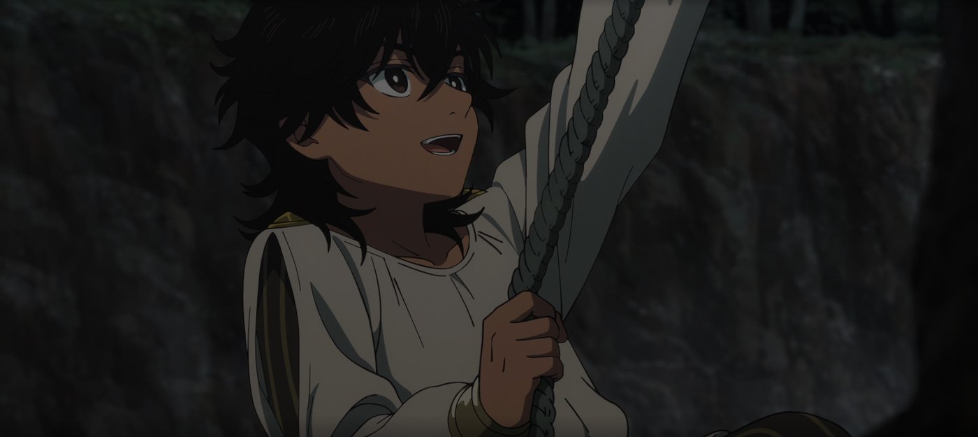 A dark still from the Witch Hat Atelier anime: a black-haired boy gripping a rope