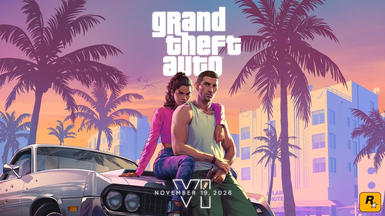 Lucia và Jason ngồi trên đầu chiếc xe cổ trong artwork Trailer 1