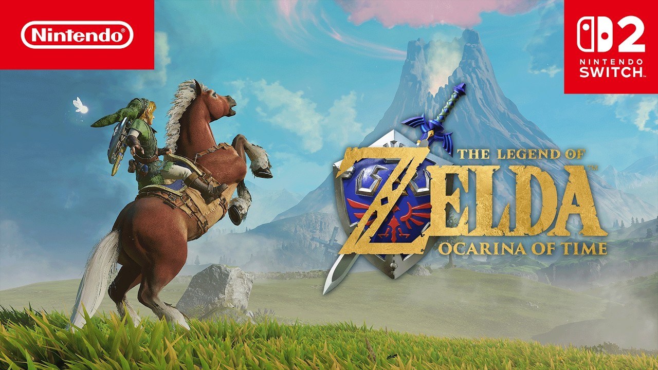 Ảnh bìa Overview Trailer của Zelda Ocarina of Time bản Switch 2, Link cưỡi ngựa trên đồng cỏ với núi lửa phía xa và logo The Legend of Zelda Ocarina of Time