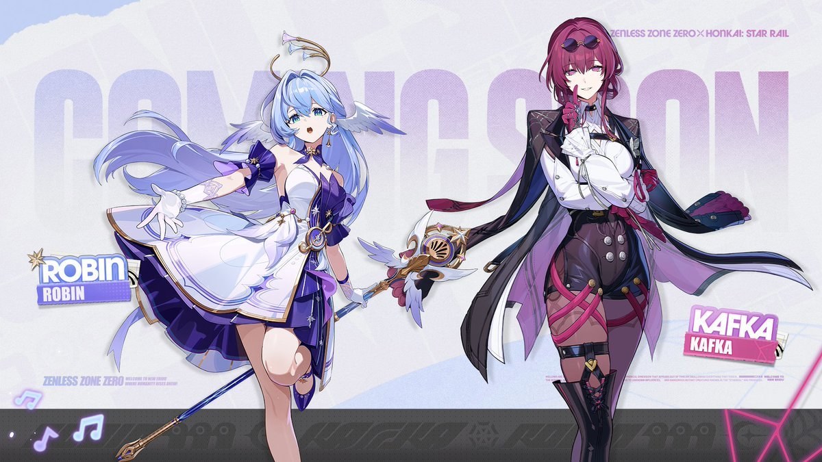 Kafka và Robin của Honkai: Star Rail vẽ theo phong cách Zenless Zone Zero kèm chữ Coming Soon