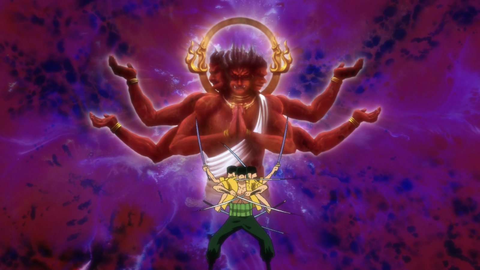 Zoro in his nine-sword Ashura form with a three-faced, six-armed figure behind him